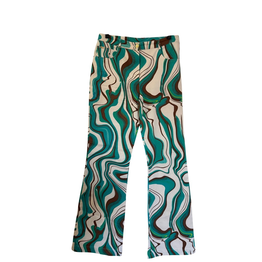 St John Sport Marie Gray Psychedelic Swirl Print Pants Teal Green Brown Size 8